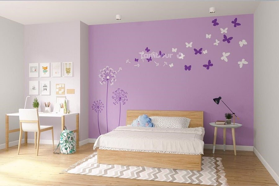 Phòng ngủ tone tím với hình dáng hoa văn đẹp mắt